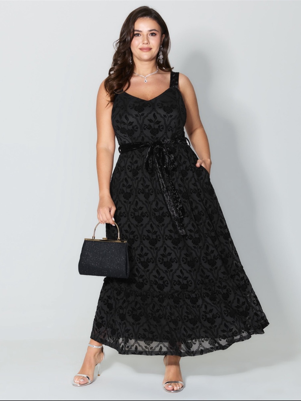 BloomChic Black Floral Burnout Velvet-Sash Maxi Dress